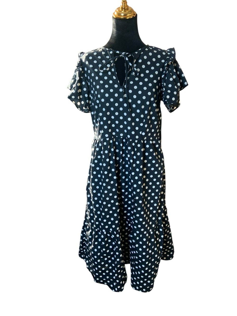 Who What Wear Black Cotton Cream Polka Dots Dress Pockets V Tie Neck M Spring - Picture 2 of 8